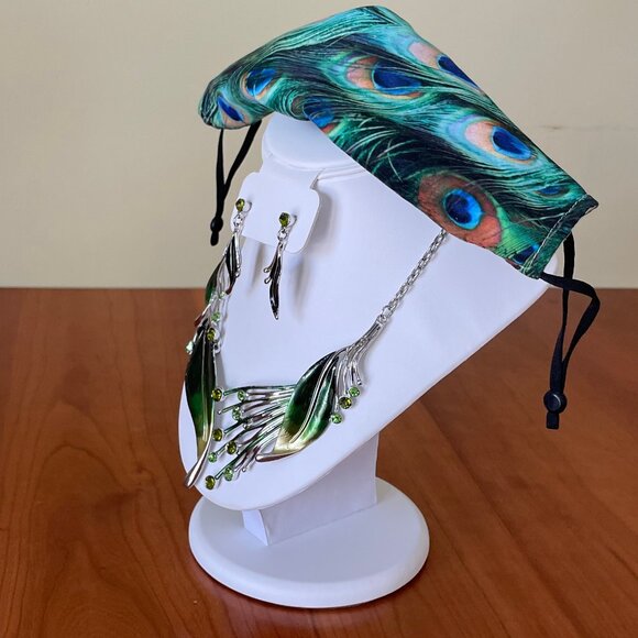 Adorable Peacock Necklace, Earrings, & Cotton Face Mask Set - Picture 6 of 12